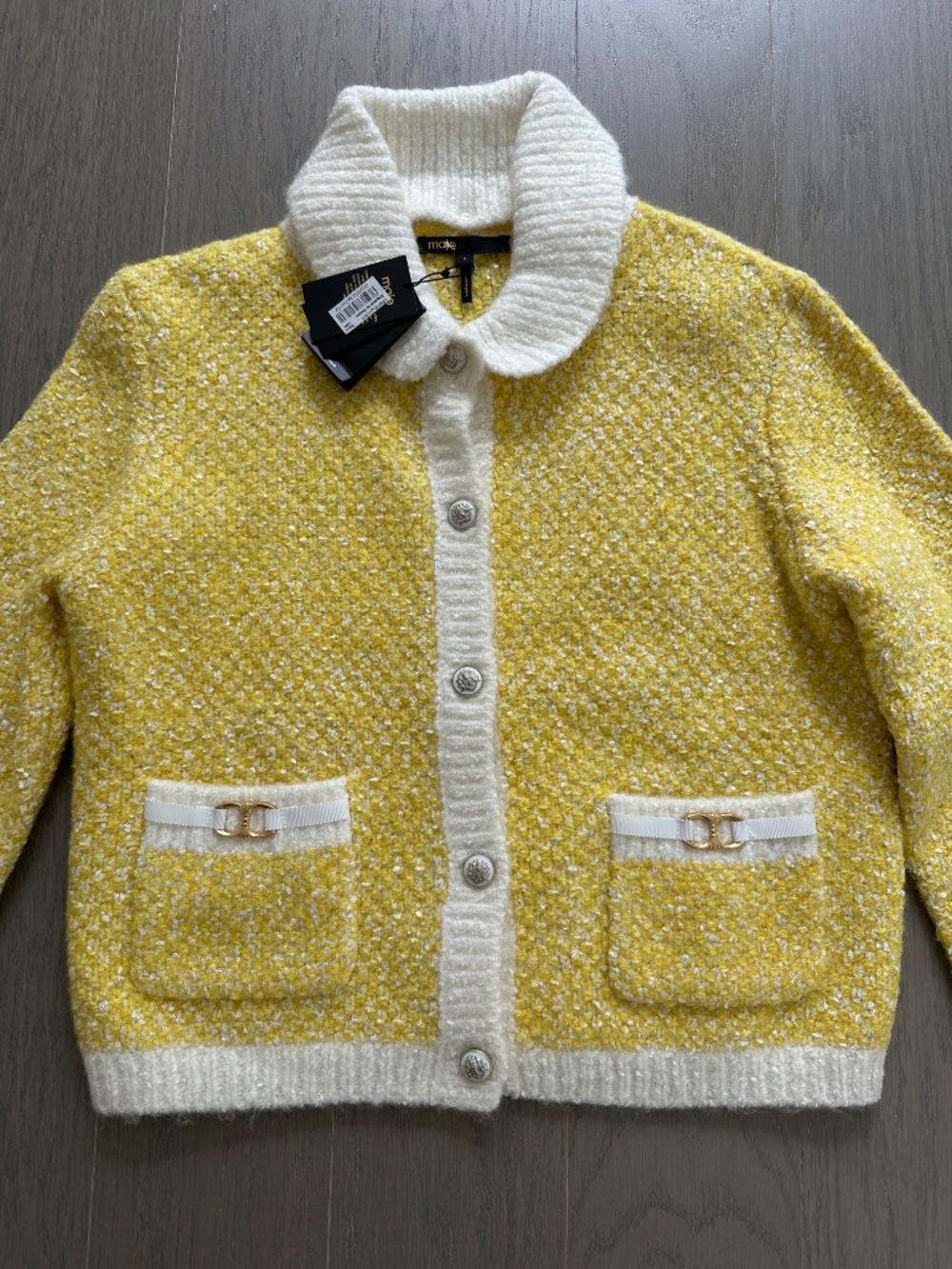 MAJE Missiony Collared Metallic Bouclé Cardigan Sweater Yellow With Tags SMALL - Picture 4 of 7